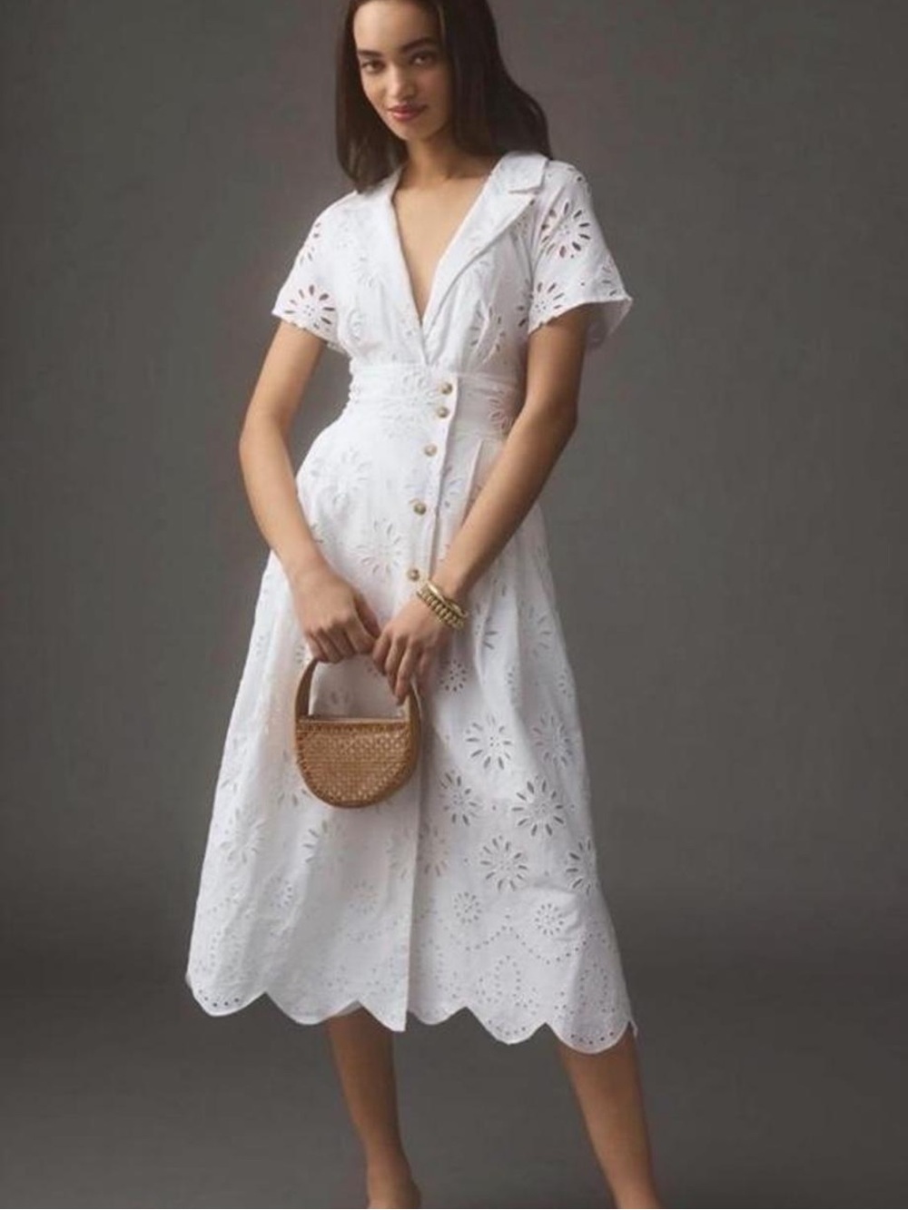 Anthropology White Eyelet Button-Front Midi Dress - Classic Summer Style